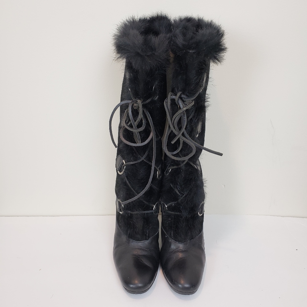 DKNY Black Fur Trim Lace Up Boots Size 9